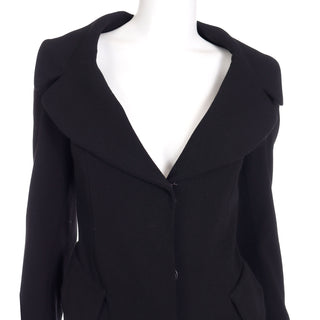 1990s Donna Karan Collection Black Wool Coat with open neckline