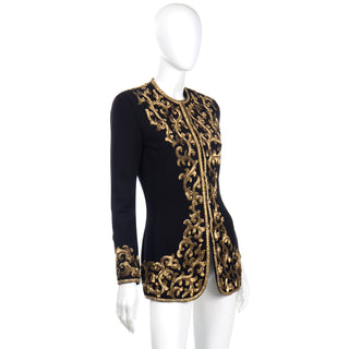 1990s Donna Karan Baroque Black Jacket w Gold embroidered Stacked Sequins 