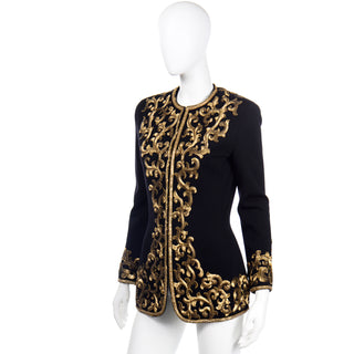 Vintage 1990s Donna Karan Baroque Black Jacket w Gold embroidered Sequins Baroque