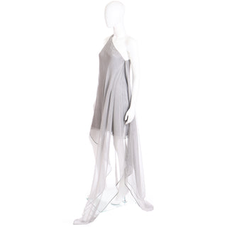 1990s Donna Karan Deadstock Grey Silk Chiffon One Shoulder Evening Dress Documented 1994