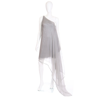 Runway Documented 1990s Donna Karan Deadstock Grey Silk Chiffon One Shoulder Evening Dress