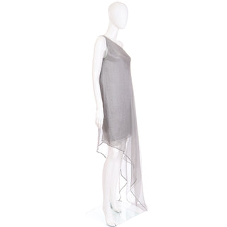 1990s Donna Karan Deadstock Grey Silk Chiffon One Shoulder Evening Dress Runway 