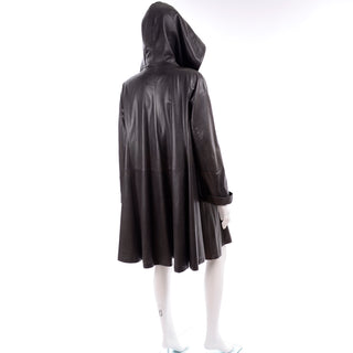 1990s Donna Karan Charcoal Gray Leather Swing Coat with Hood