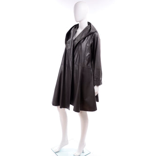 Donna Karan Hooded Gray Leather Swing Coat