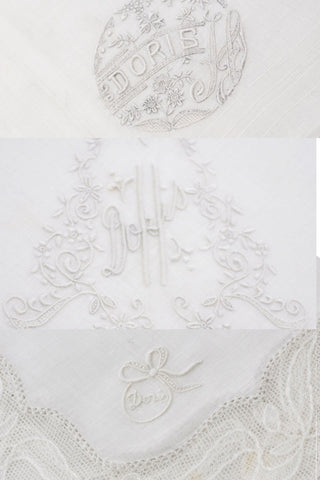 4 Doris Linen and Lace Vintage White Monogrammed Handkerchiefs - Dressing Vintage