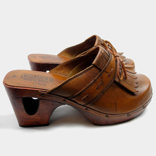 1970's Roebucks Tooled Leather and Wood Platform Clogs with Cutout Heel 9.5 SOLD - Dressing Vintage