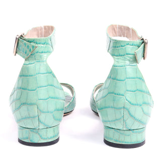 2000s Dries Van Noten Green Leather Alligator Embossed Sandals low heel