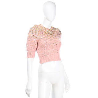 Dries Van Noten Pink Mohair Wool Cropped Sweater with Sequins xs
