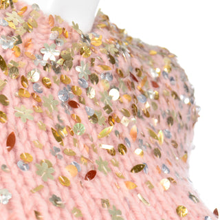 Dries Van Noten Pink Mohair Wool Cropped Sweater with gold silver copperSequins 