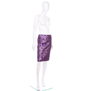 Size 42 Dries Van Noten Purple and Metallic Rose Gold Jacquard Skirt