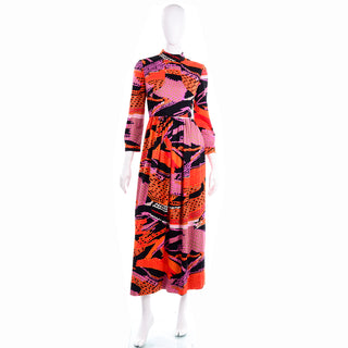 1970s Vintage Dynasty Abstract Print Maxi Dress in Multi Colored Knit