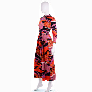 1970s Vintage Dynasty Abstract Print Maxi Dress in Multi Colored Knit 70s