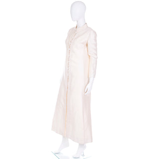 1960s Dynasty ivory Silk Evening Maxi Coat with Beaded Buttons
