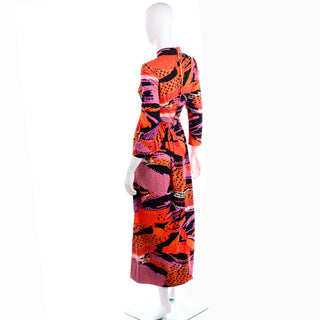 1970s Vintage Dynasty Abstract Print Maxi Dress in Multi Colored Knit Mod 