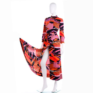 Colorful 1970s Vintage Dynasty Abstract Print Maxi Dress in Multi Colored Knit