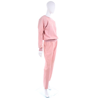 1980s Athleisure Pink Quilted Leather Vintage Tracksuit Sweatshirt Top & Pants