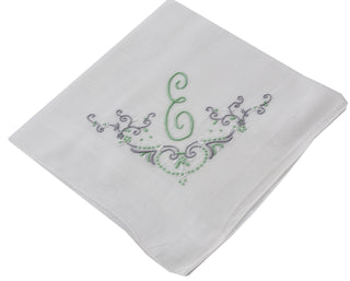 White linen handkerchief with Green E monogram and scroll work - Dressing Vintage