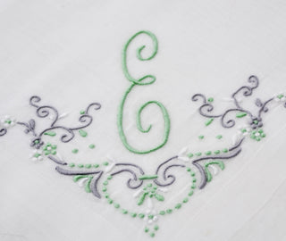White linen handkerchief with Green E monogram and scroll work - Dressing Vintage