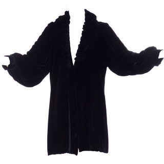 Vintage 1910s Black Velvet Evening Coat W/ Gathered Collar & Puff Sleeves