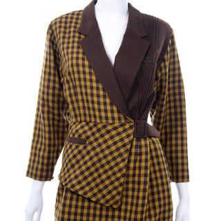 Unique Avant Garde Eingouse Vintage Yellow Brown Plaid 1980s Wool Dress