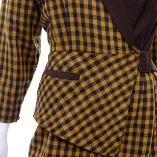 Eingouse Vintage Yellow Brown Plaid 1980s Wool Dress Avant Garde
