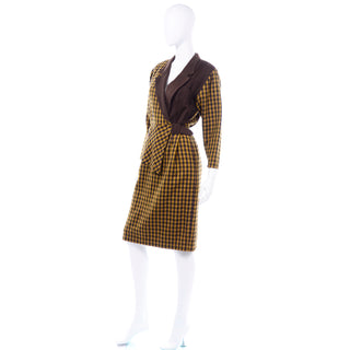 Eingouse Vintage Yellow Brown Check Plaid 1980s Wool Dress 