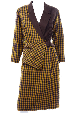 1980s Avant Garde Vintage Dress in Yellow and Brown Check Wool