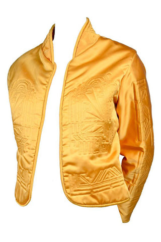 1980s Quilted Gold Silk Vintage Jacket w/ Art Deco Inspired Designs Small