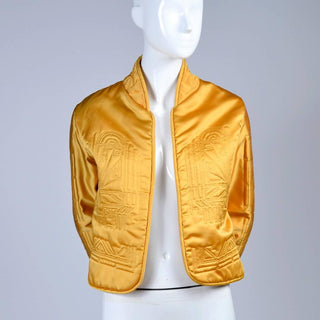 1980s Quilted Gold Silk Vintage Jacket w/ Art Deco Inspired Designs Small