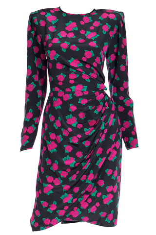 1990s Ungaro Vintage Black Pink & Green Floral Print Silk Dress