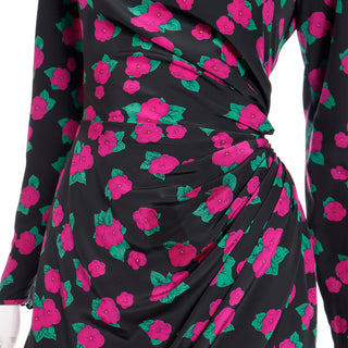 1990s Ungaro Vintage Black Pink & Green Floral Print Silk Dress with side ruching