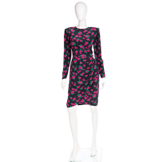 Floral 1990s Ungaro Vintage Black Pink & Green Floral Print Silk Dress