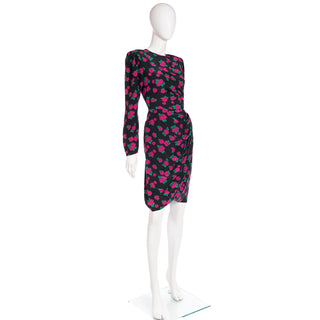 1990s Ungaro Vintage Black Pink & Green Floral Print Silk Dress Small