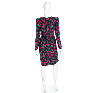 1990s Ungaro Vintage Black Pink & Green Floral Print Silk Dress S
