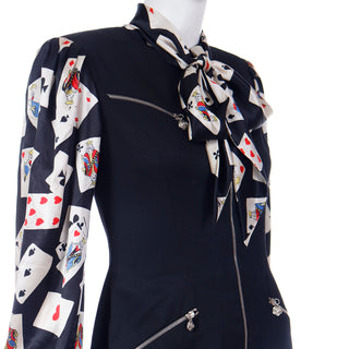 1980s Emanuel Ungaro Parallele Playing Card Print Silk Blouse & Dress Unique Zipper Pulls