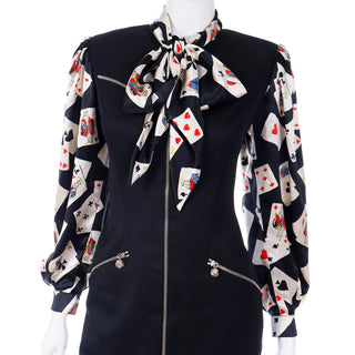 1980s Emanuel Ungaro Parallele Playing Card Print Silk Blouse & Dress Fun Slant Zippers