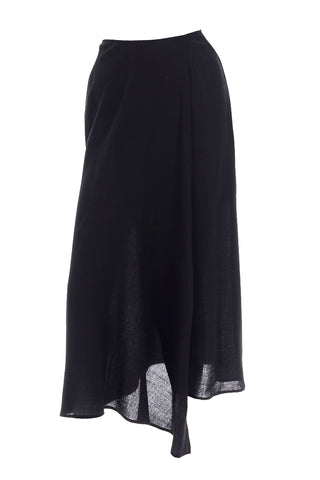 1990s Emanuel Ungro Black Wool Crepe Faux Wrap Midi Skirt