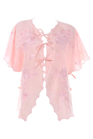 Vintage Pink Rose Embroidered Bed Jacket w/ Tie Closures