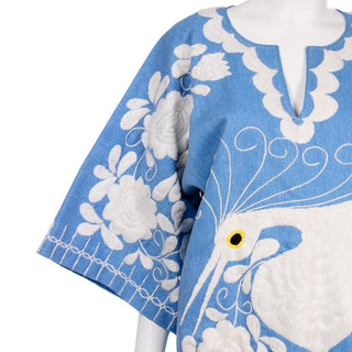 Vintage Chambray Blue Caftan With Thick White Embroidered Bird & Flower Motif