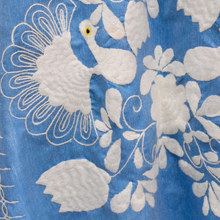 Vintage Chambray Blue Caftan Dress With White Embroidered Bird & Flower Motif