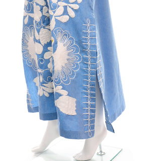 1960s Vintage Chambray Blue Caftan With White Embroidered Bird & Flower Motif Dress