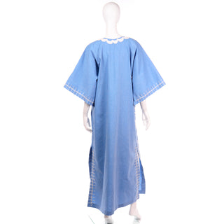 Vintage Chambray Blue Caftan With White Embroidered Bird & Flower Motif Bell Sleeves