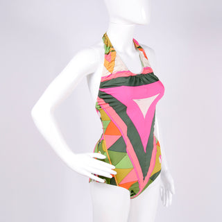 Geometric signature fabric Emilio Pucci halter swimsuit