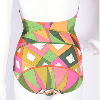 Triangle and diamond print green, pink and orange halter swimsuit by Emilio Pucci