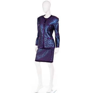 1980s Escada Margaretha Ley Iridescent Purple Blue Quilted Skirt Suit