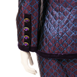 1980s Escada Margaretha Ley Iridescent Purple Blue Quilted Skirt Suit
