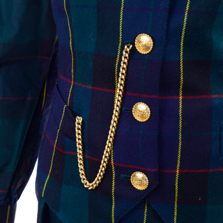 1980s Vintage Escada Green Plaid Pantsuit Vest w/Watch Chain