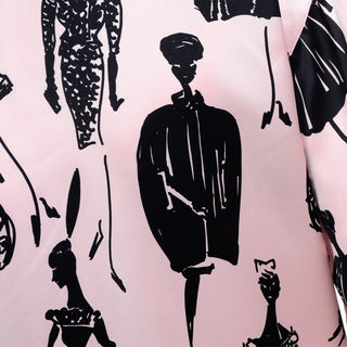 1980s Escada Pink & Black Silk Novelty Fashion Print Blouse M/L