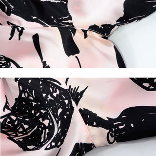 1980s Escada Pink & Black Silk Novelty Fashion Print Blouse M/L