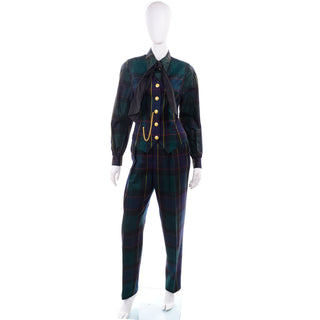 Green Navy 1980s Escada Vintage Plaid Pantsuit Vest Trousers Belt Blouse